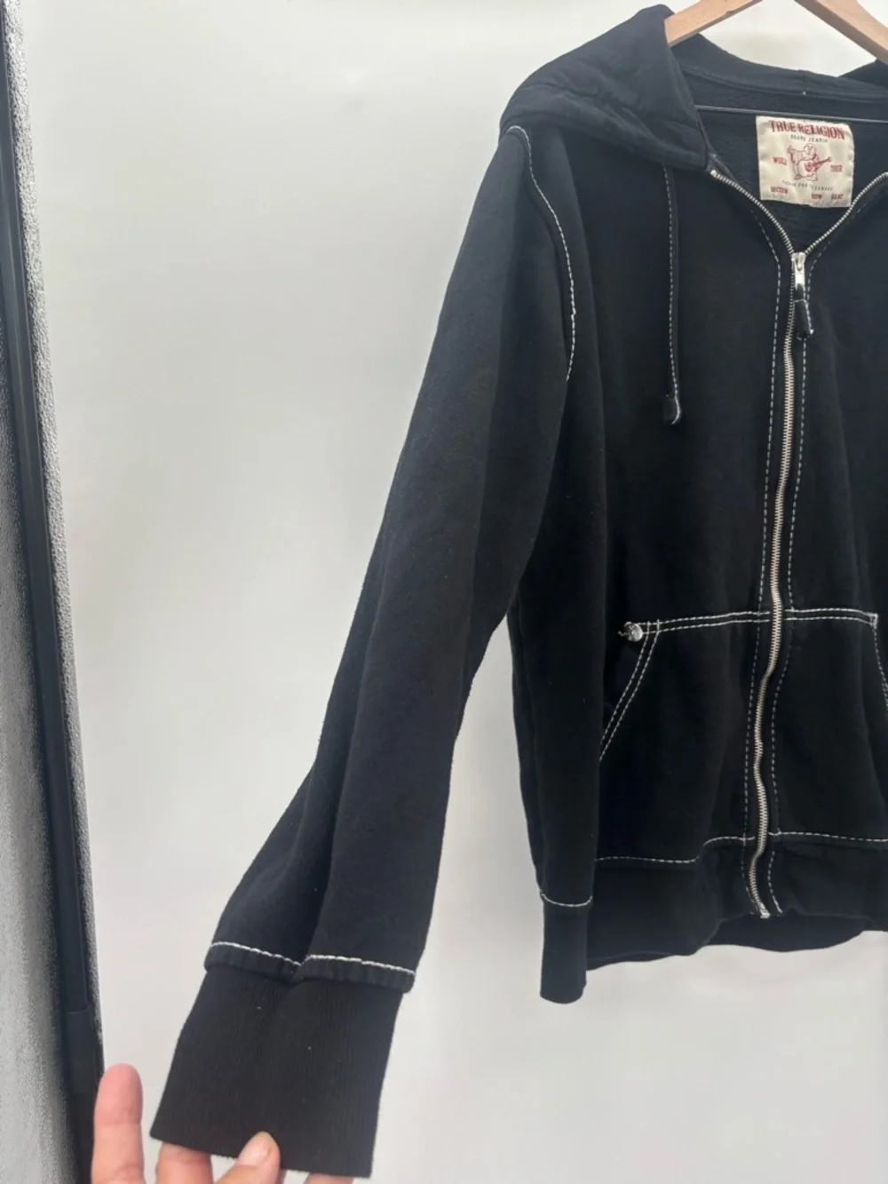 True Religion Big T Black Zip-Up Hoodie with White Contrast Stitching